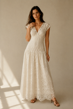 Ivory lace a-line maxi dress, full front view, full length A-line silhouette