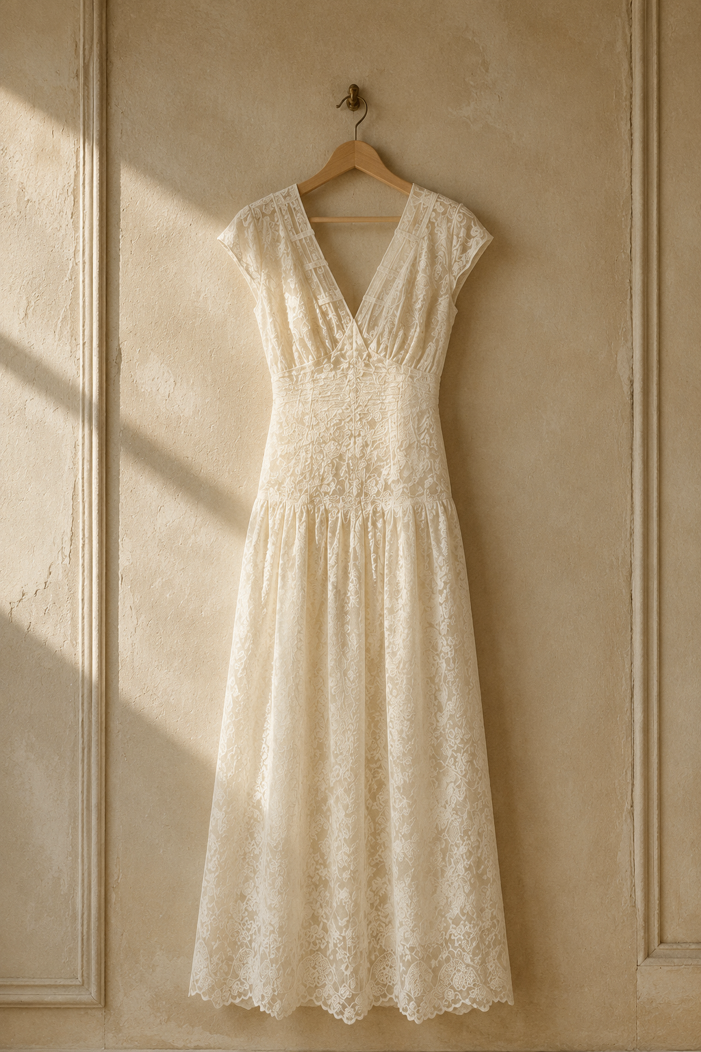 Ivory lace a-line maxi dress, hanging on wooden hanger against plaster wall