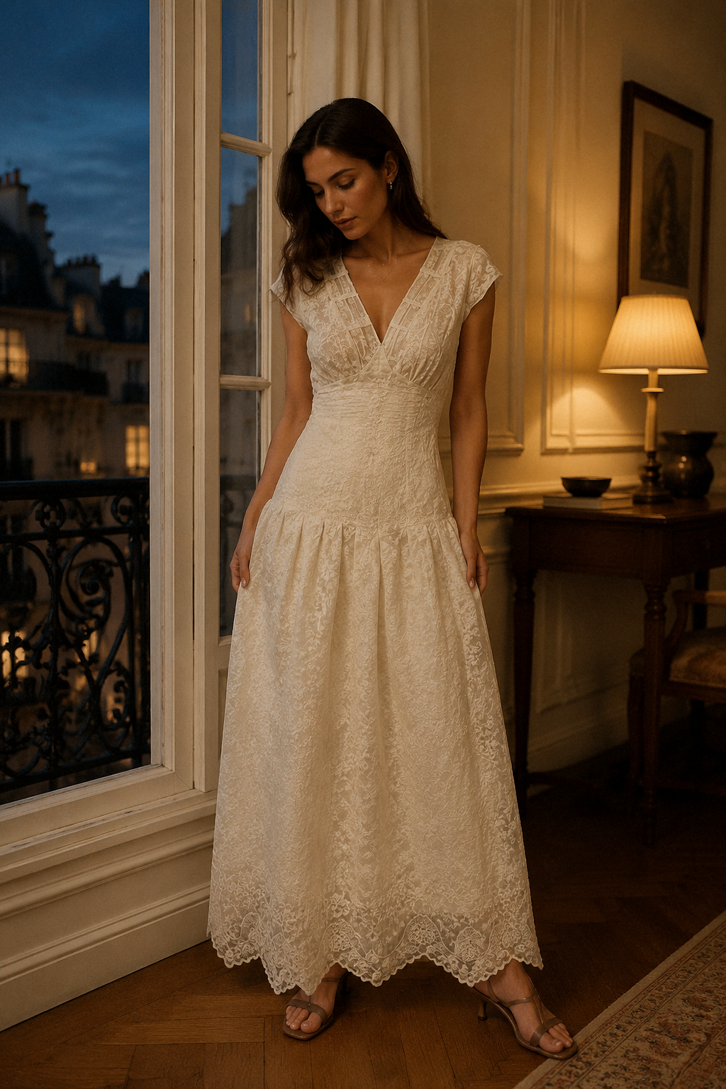 Ivory lace a-line maxi dress, front view, v-neck bodice and textured skirt