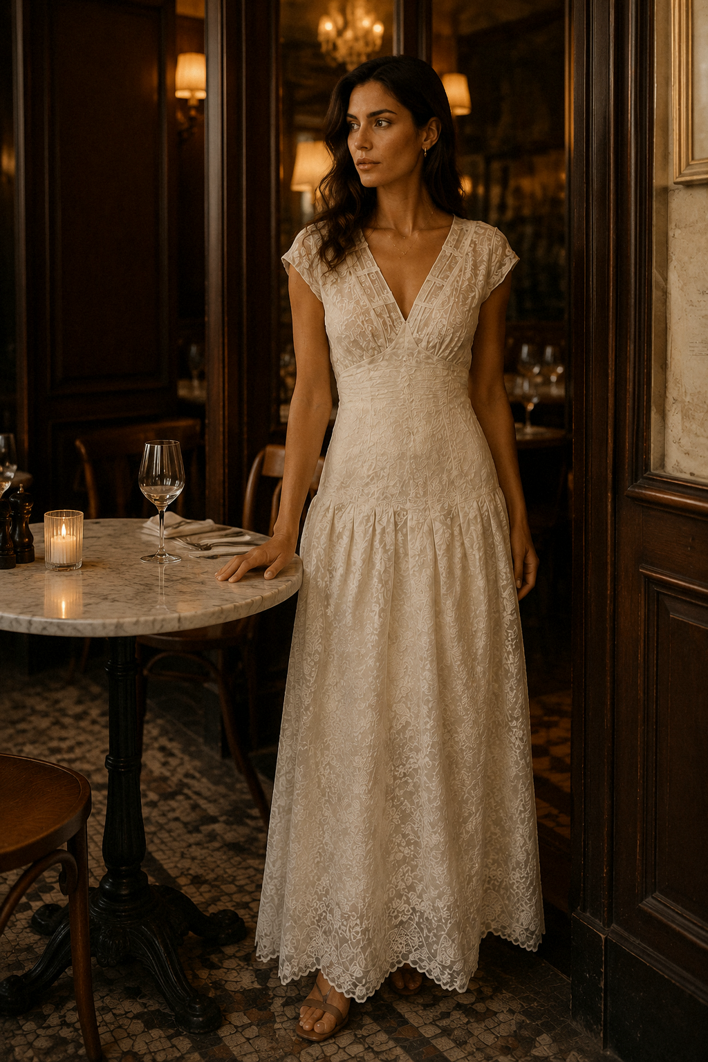 Ivory lace a-line maxi dress, lifestyle, quiet gallery setting