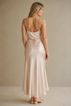 Pale pink silk slip maxi dress, back view, smooth back and simple silhouette