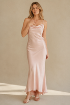 Pale pink silk slip maxi dress, full front view, flowing maxi length and soft silhouette