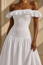 White linen a-line maxi dress, fabric detail, flax weave in raking light