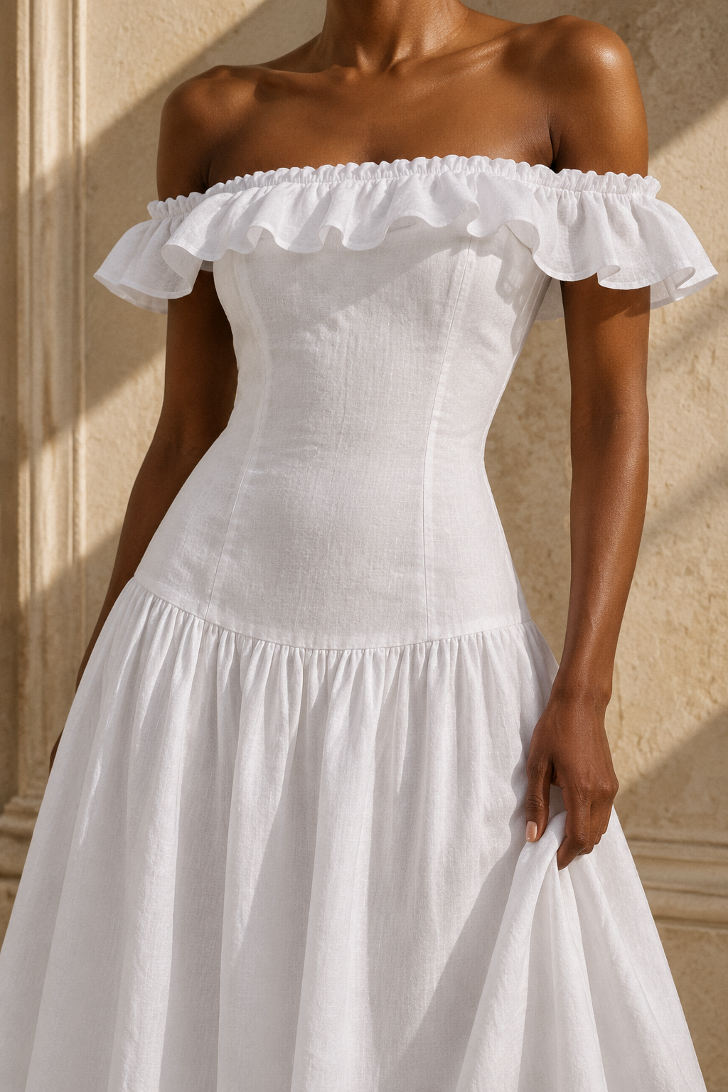 White linen a-line maxi dress, fabric detail, flax weave in raking light