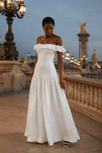White linen a-line maxi dress, front view, ruffled off-shoulder, fitted bodice, A-line skirt