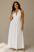 White linen a-line maxi dress, full front view, full A-line skirt and maxi length