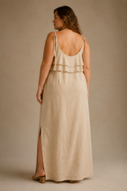 Beige linen shift maxi dress, back view, relaxed drape and scoop back