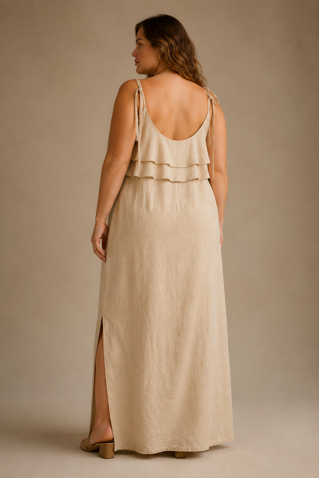 Beige linen shift maxi dress, back view, relaxed drape and scoop back