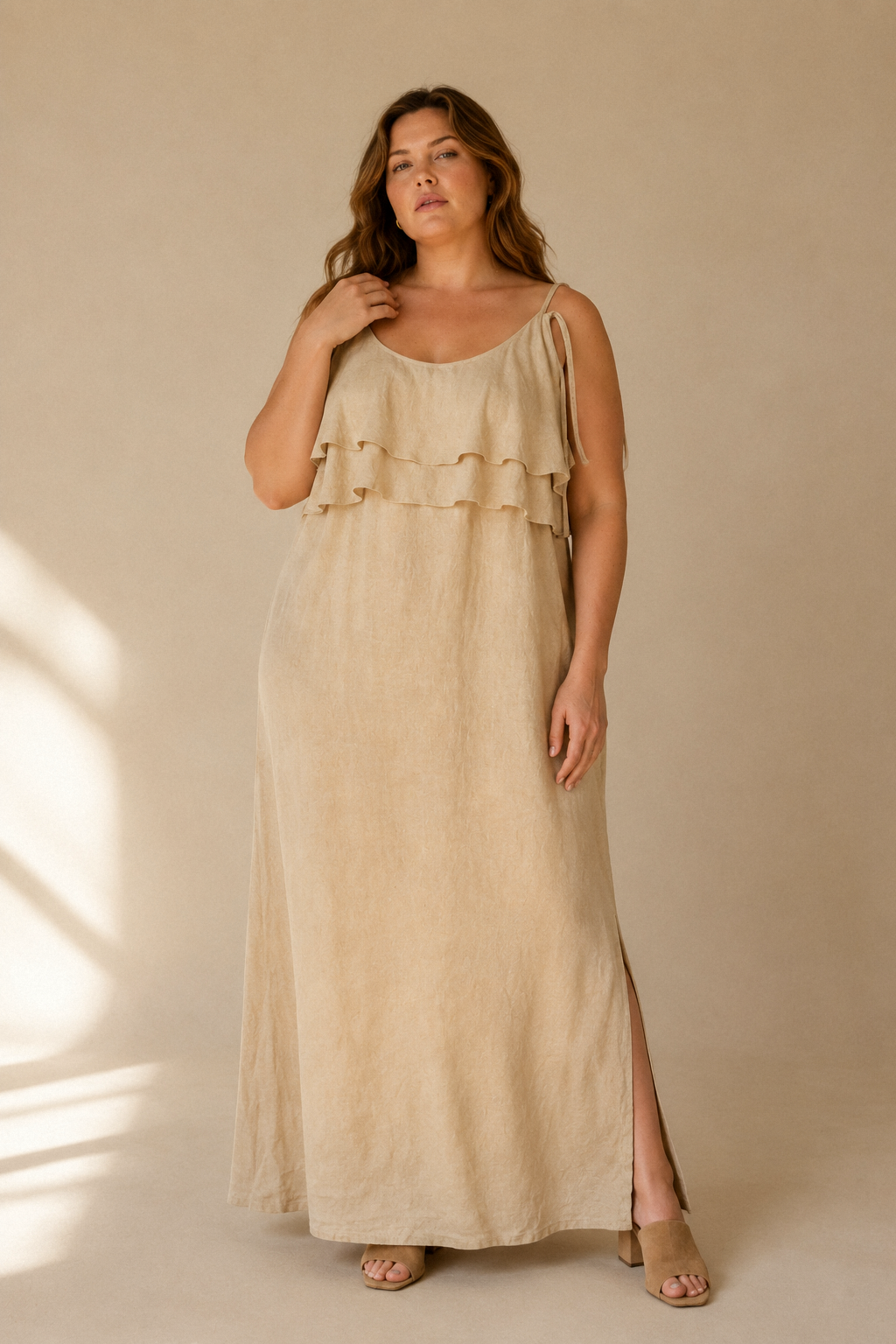 Beige linen shift maxi dress, full front view, maxi length and relaxed silhouette