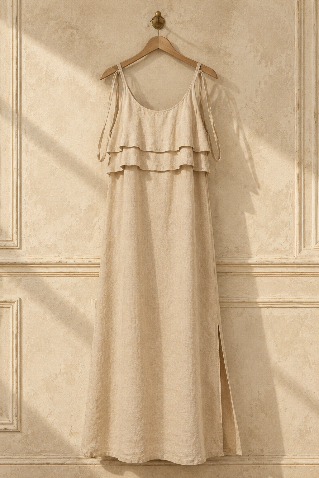Beige linen shift maxi dress, hanging on wooden hanger against plaster wall