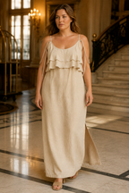 Beige linen shift maxi dress, lifestyle, a sunlit afternoon by the door