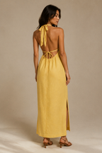 Butter yellow linen shift maxi dress, back view, open back and delicate tie closure
