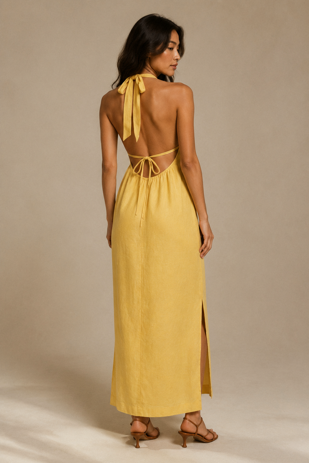 Butter yellow linen shift maxi dress, back view, open back and delicate tie closure