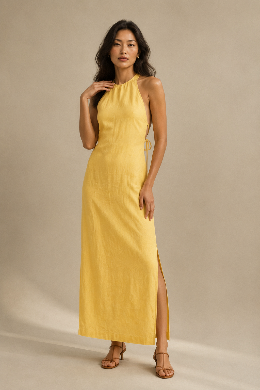 Butter yellow linen shift maxi dress, full front view, relaxed fit and maxi length