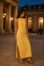 Butter yellow linen shift maxi dress, front view, halter neckline and long shift silhouette