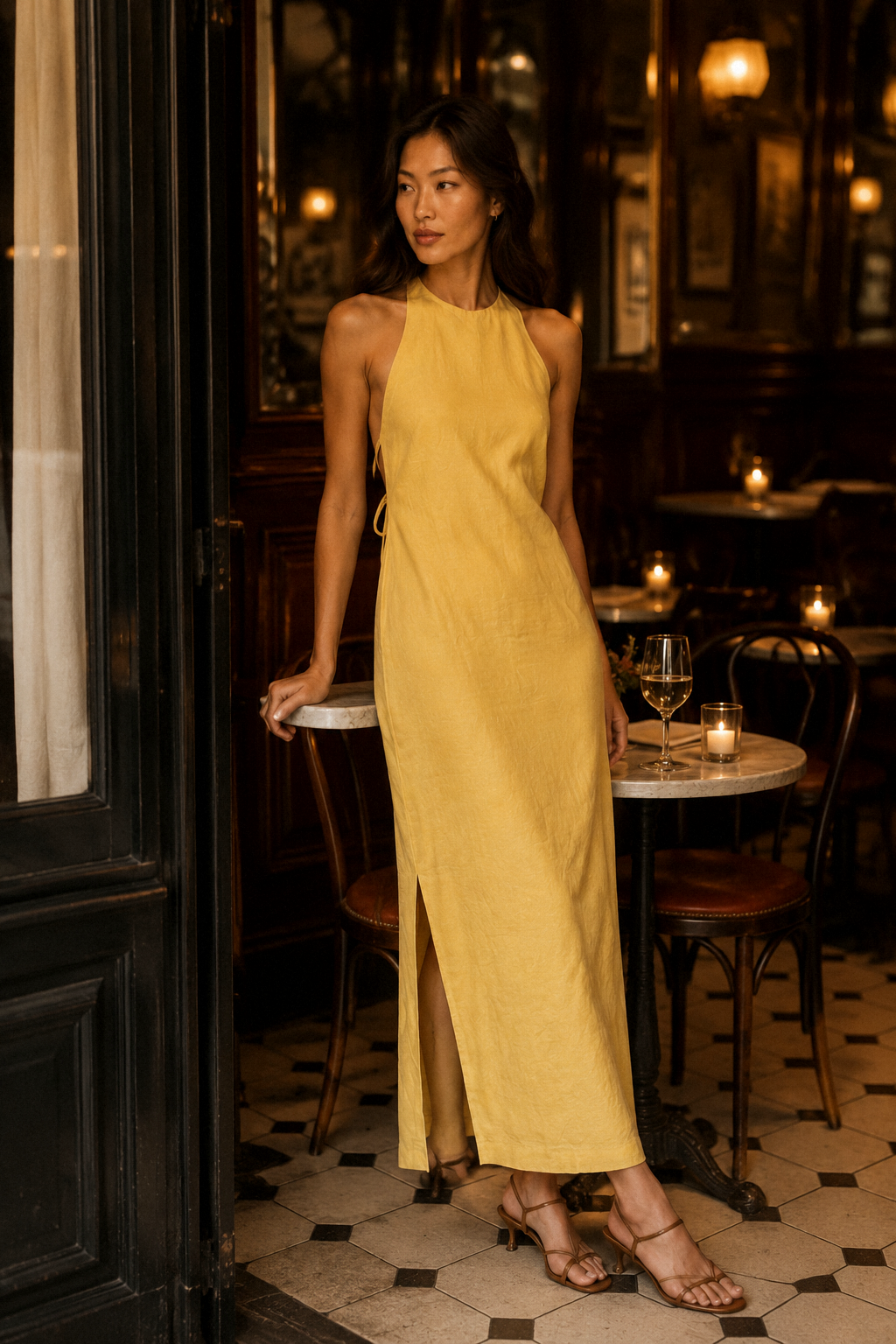 Butter yellow linen shift maxi dress, lifestyle, afternoon stroll in gentle sunlight