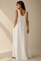 Ivory linen shift maxi dress, back view, smooth back and relaxed drape