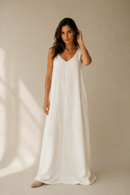 Ivory linen shift maxi dress, full front view, flowing shift dress with clean lines