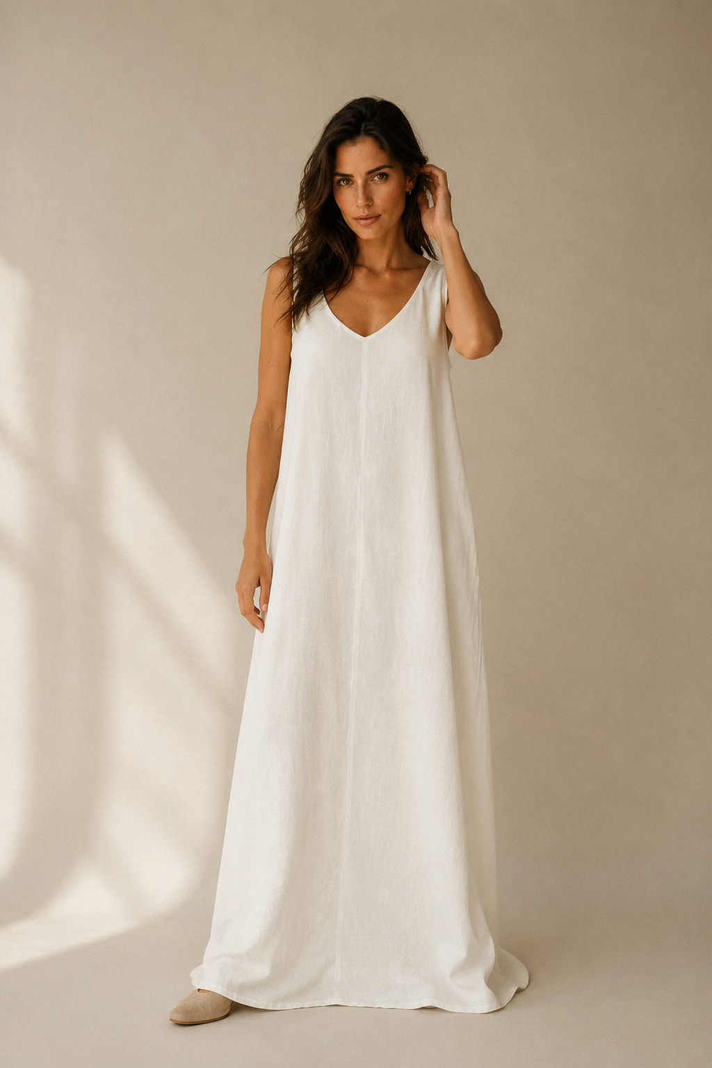 Ivory linen shift maxi dress, full front view, flowing shift dress with clean lines