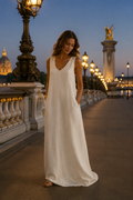 Ivory linen shift maxi dress, front view, V neckline and relaxed maxi silhouette