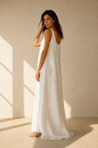Ivory linen shift maxi dress, three-quarter view, relaxed fit and full length drape