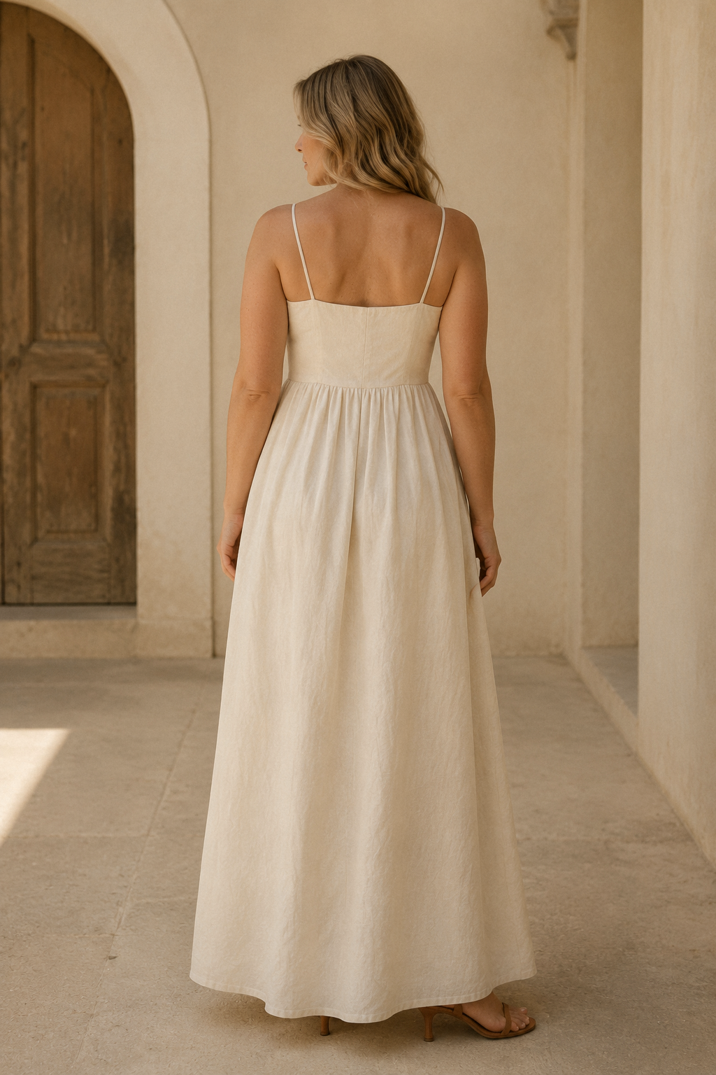 Ivory linen a-line maxi dress, back view, simple back and soft skirt flow