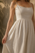 Ivory linen a-line maxi dress, fabric detail, flax weave in raking light