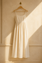 Ivory linen a-line maxi dress, hanging on wooden hanger against plaster wall