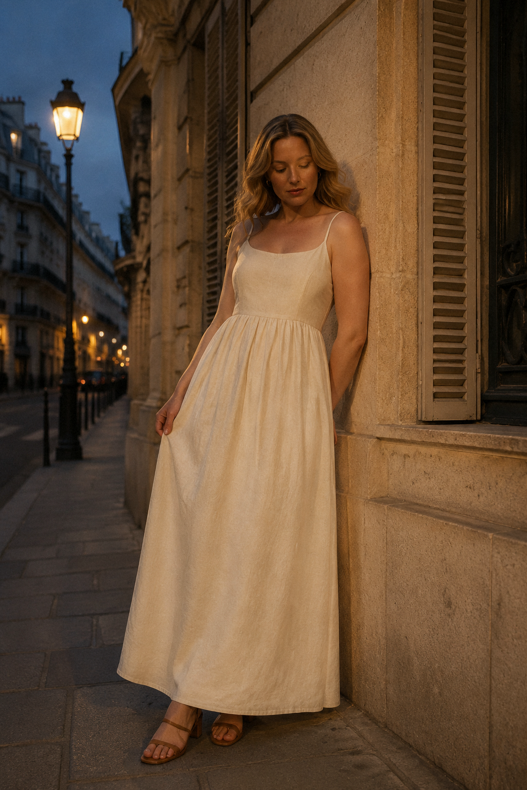 Ivory linen a-line maxi dress, front view, square neckline and spaghetti straps