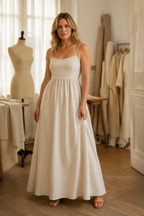 Ivory linen a-line maxi dress, lifestyle, warm afternoon strolls in soft light