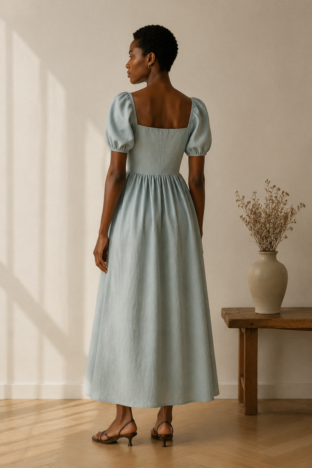 Light blue linen a-line maxi dress, back view, defined waist and full skirt