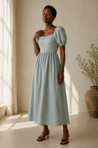 Light blue linen a-line maxi dress, full front view, a-line skirt with a gentle drape