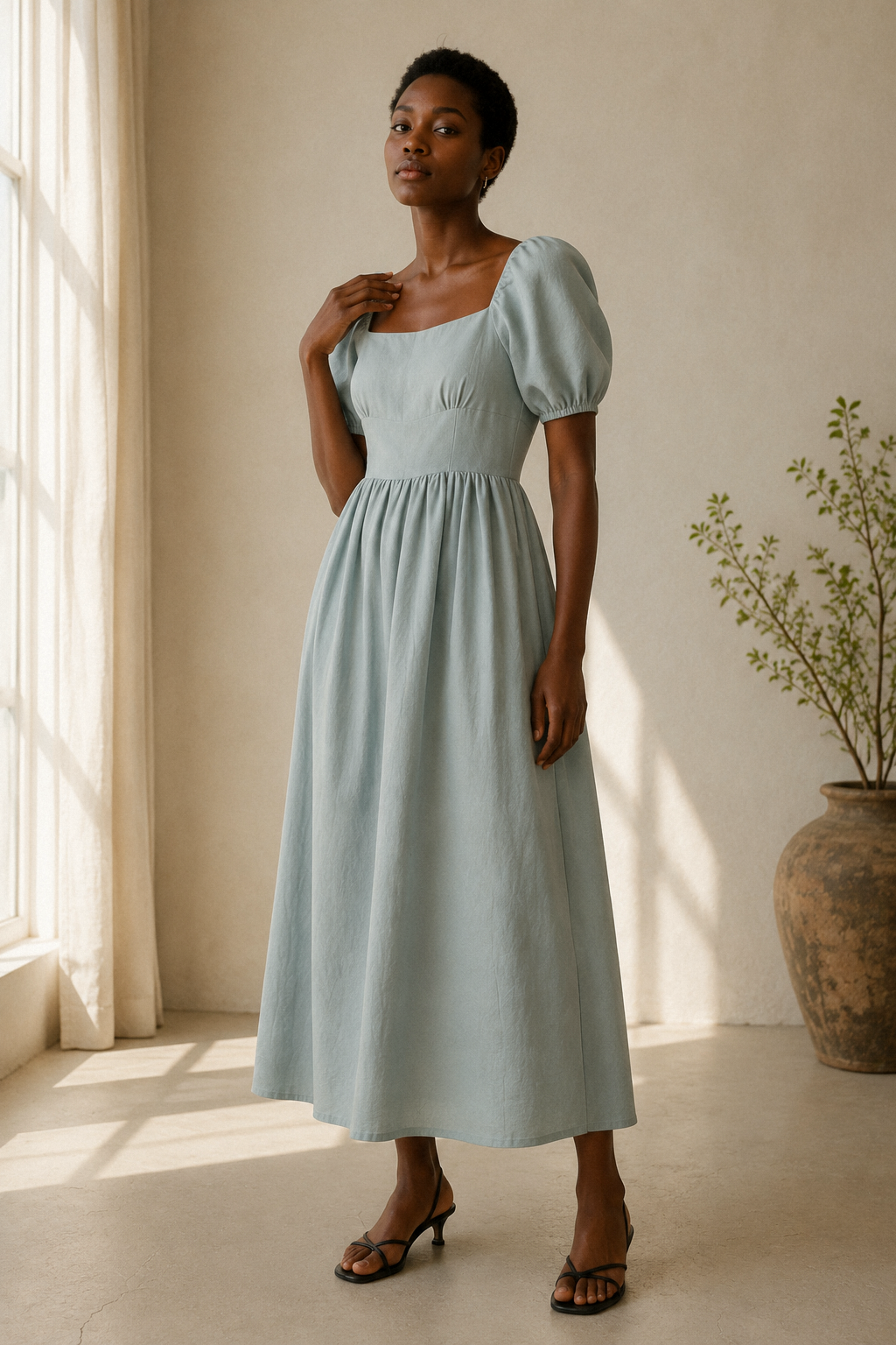 Light blue linen a-line maxi dress, full front view, a-line skirt with a gentle drape