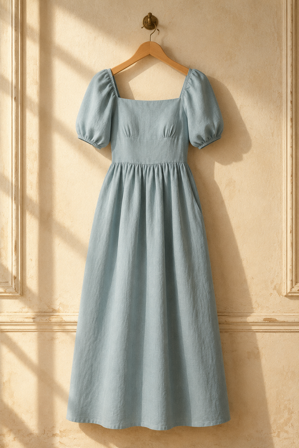 Light blue linen a-line maxi dress, hanging on wooden hanger against plaster wall