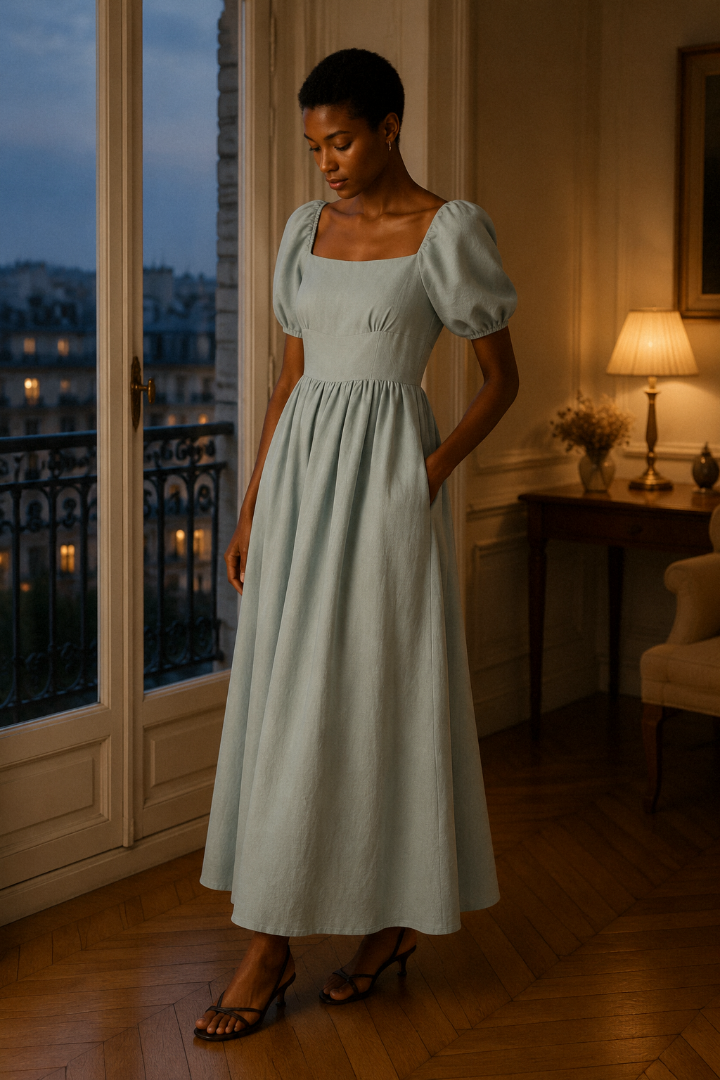 Light blue linen a-line maxi dress, front view, square neckline and puff sleeves