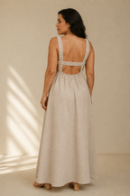 Beige linen a-line maxi dress, back view, shirred back and wide straps