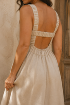 Beige linen a-line maxi dress, fabric detail, flax weave in raking light