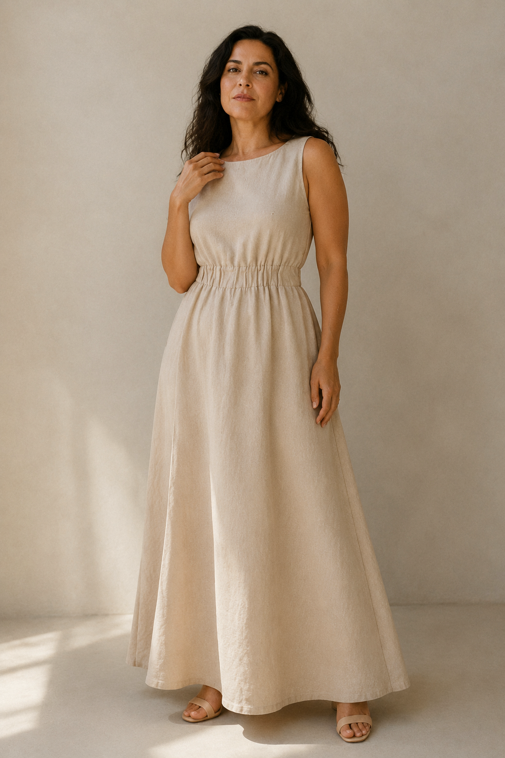 Beige linen a-line maxi dress, full front view, a-line silhouette and smooth front