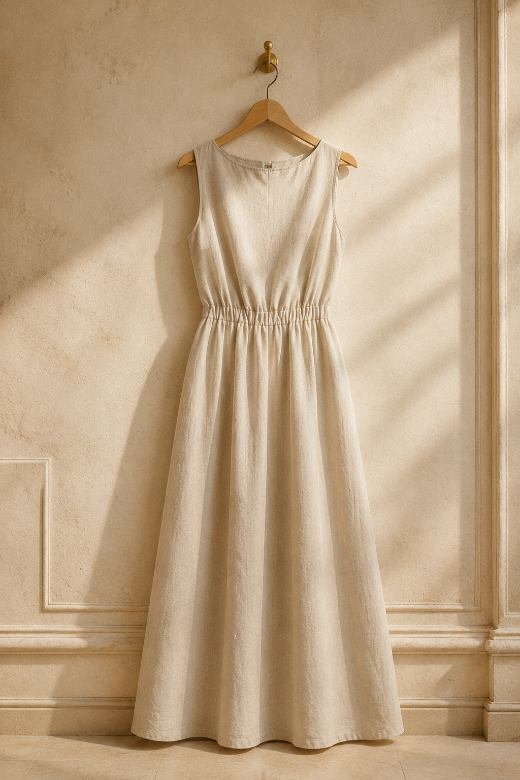 Beige linen a-line maxi dress, hanging on wooden hanger against plaster wall