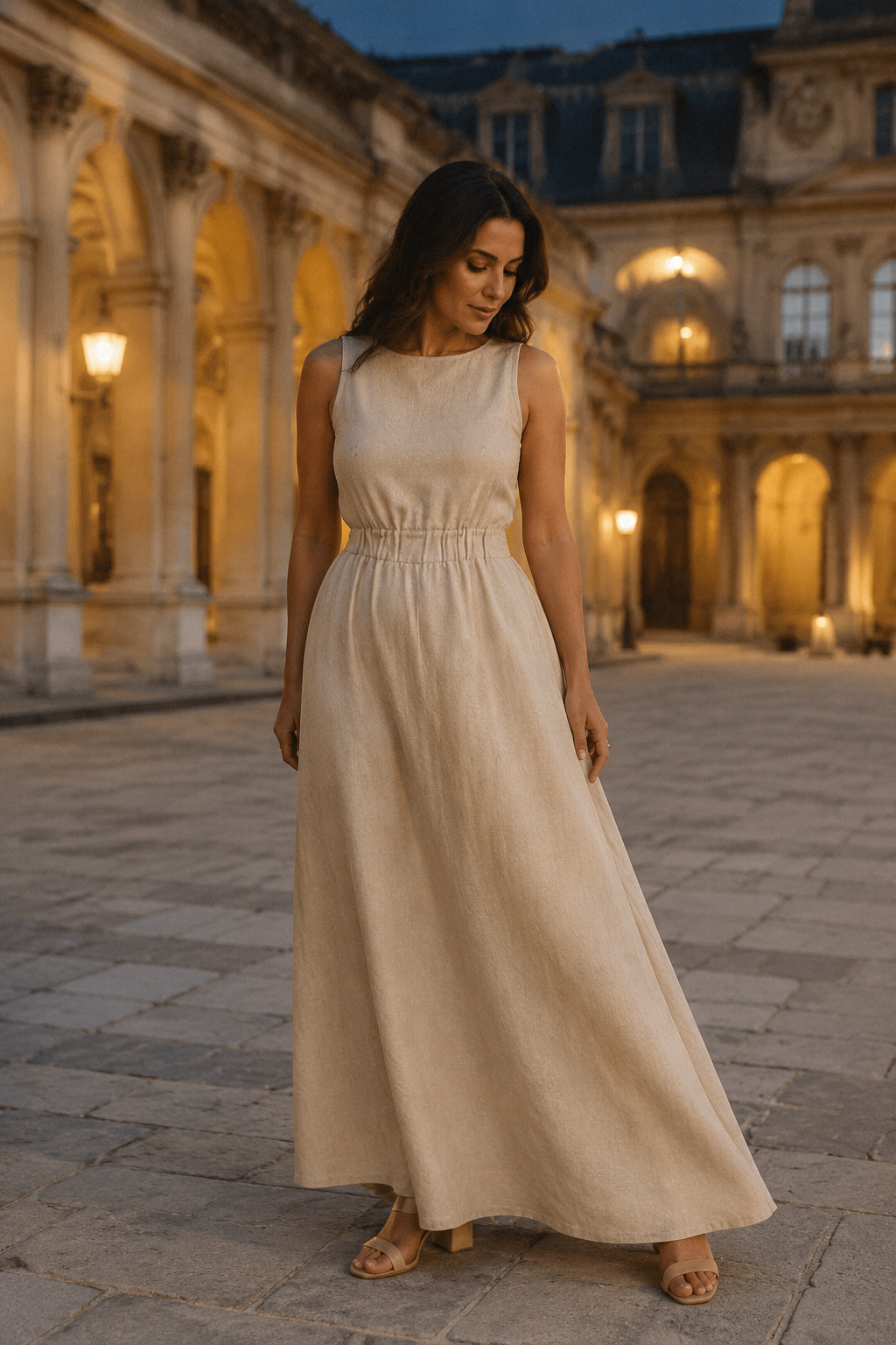 Beige linen a-line maxi dress, front view, wide straps and shirred back