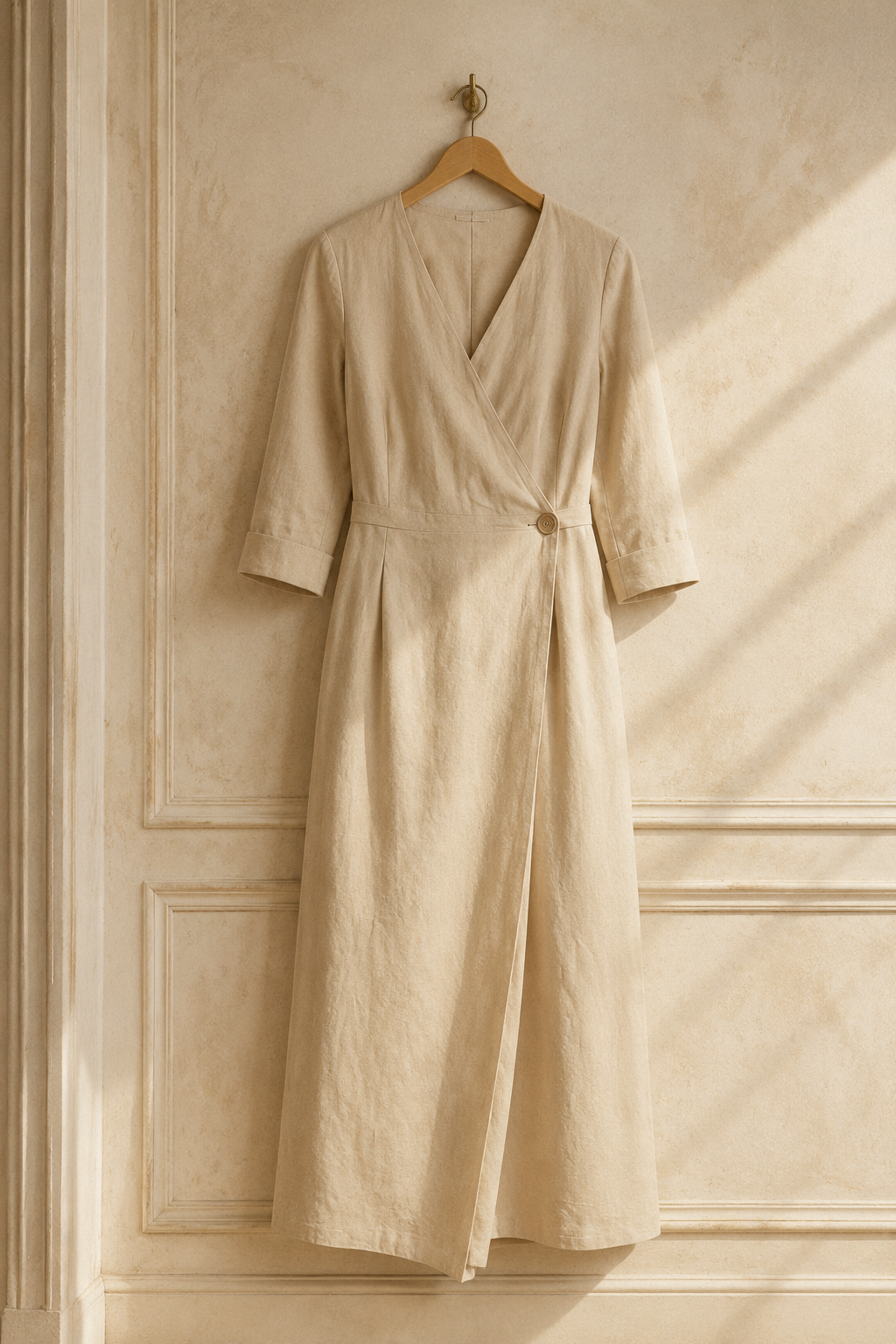 Beige linen wrap maxi dress, hanging on wooden hanger against plaster wall