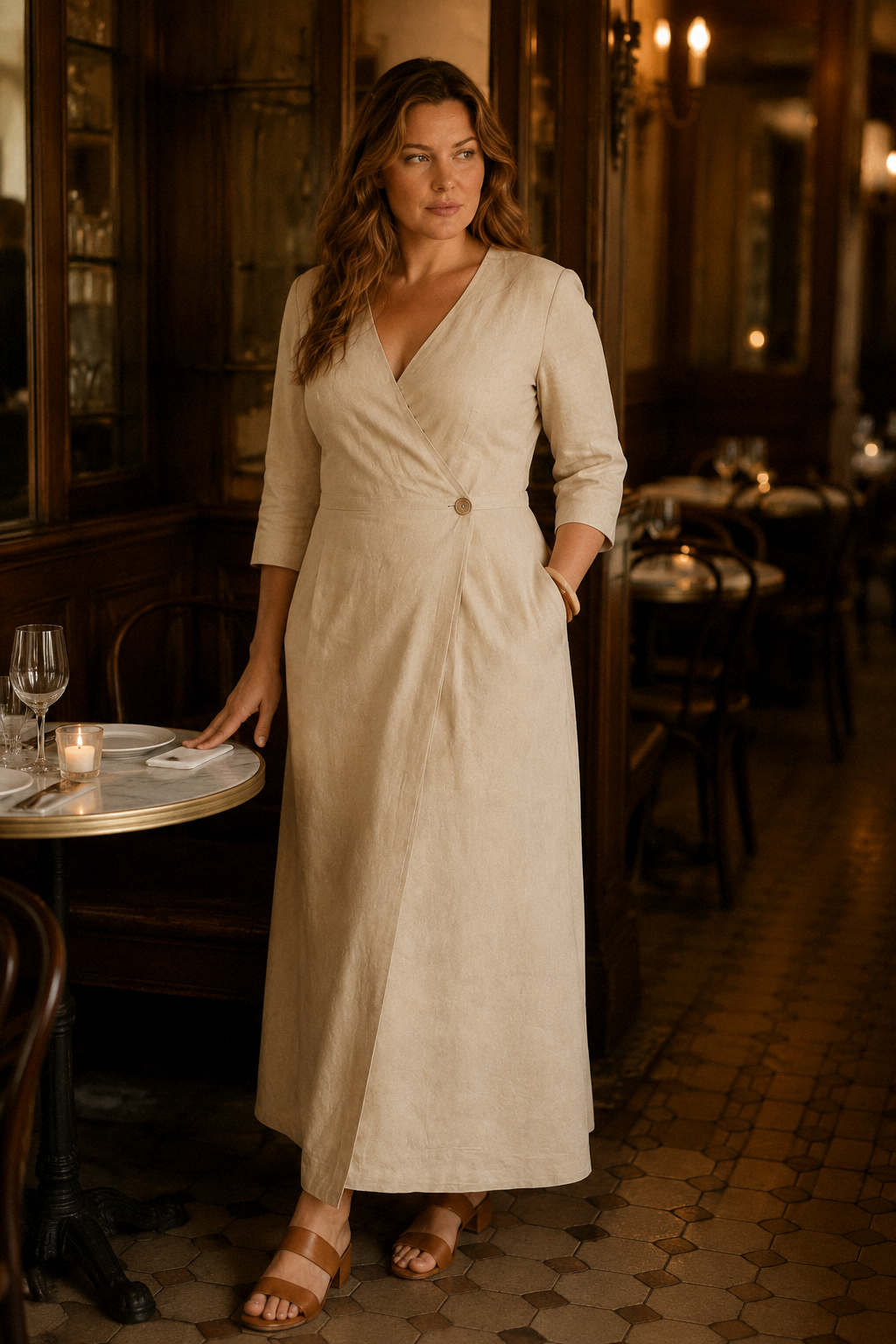 Beige linen wrap maxi dress, lifestyle, relaxed afternoon in soft linen