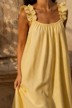 Butter yellow linen a-line maxi dress, fabric detail, flax weave in raking light