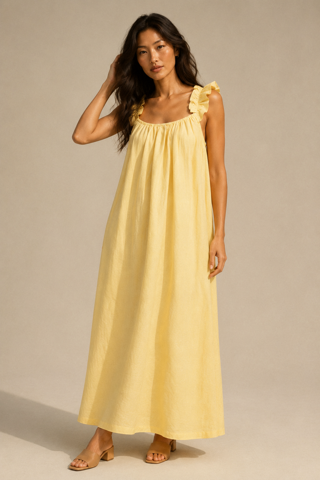 Butter yellow linen a-line maxi dress, full front view, straight neckline and fluid drape
