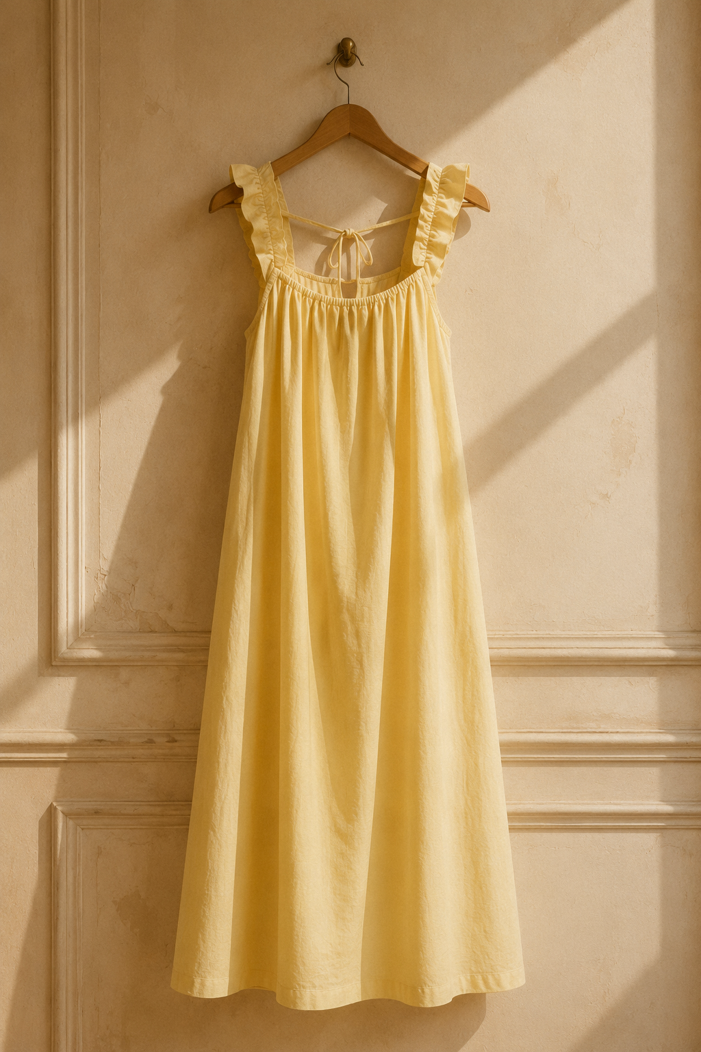 Butter yellow linen a-line maxi dress, hanging on wooden hanger against plaster wall