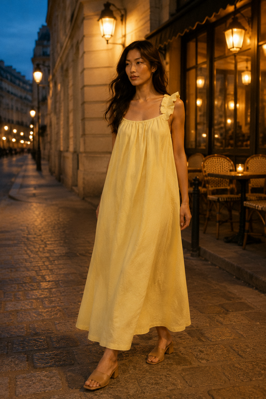 Butter yellow linen a-line maxi dress, lifestyle, sunny strolls and quiet moments