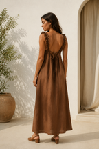 Brown linen a-line maxi dress, back view, open back with delicate tie closure