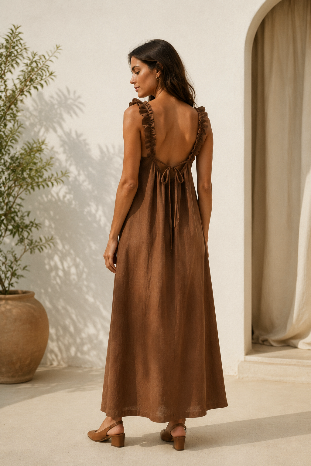 Brown linen a-line maxi dress, back view, open back with delicate tie closure