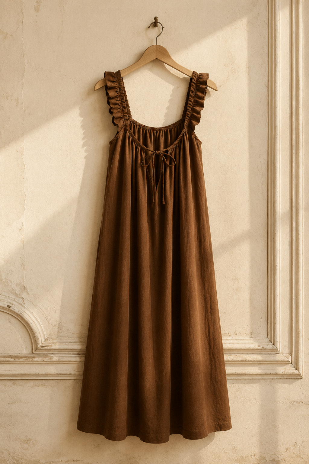 Brown linen a-line maxi dress, hanging on wooden hanger against plaster wall