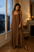Brown linen a-line maxi dress, front view, fluid silhouette and relaxed drape
